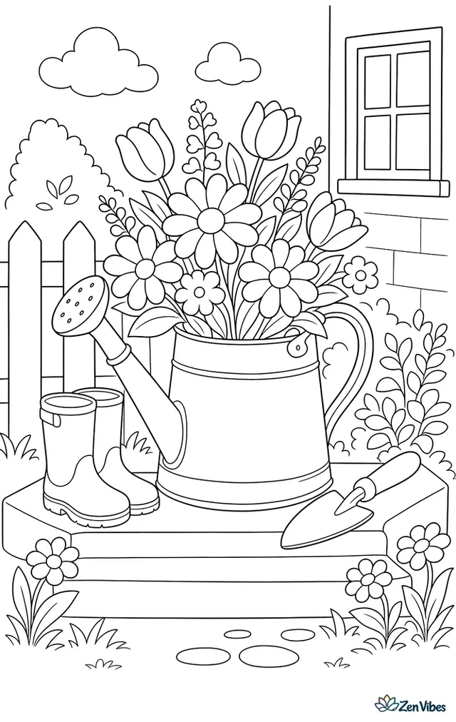 A bunch of flowers sticking out of an old watering can on a garden step, with a pair of boots and a trowel beside it