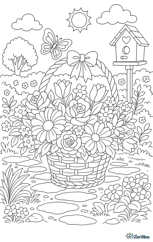 A woven basket with a tall handle overflowing with flowers, set on a garden path with a hedge, a butterfly, and a birdhouse on a post behind it
