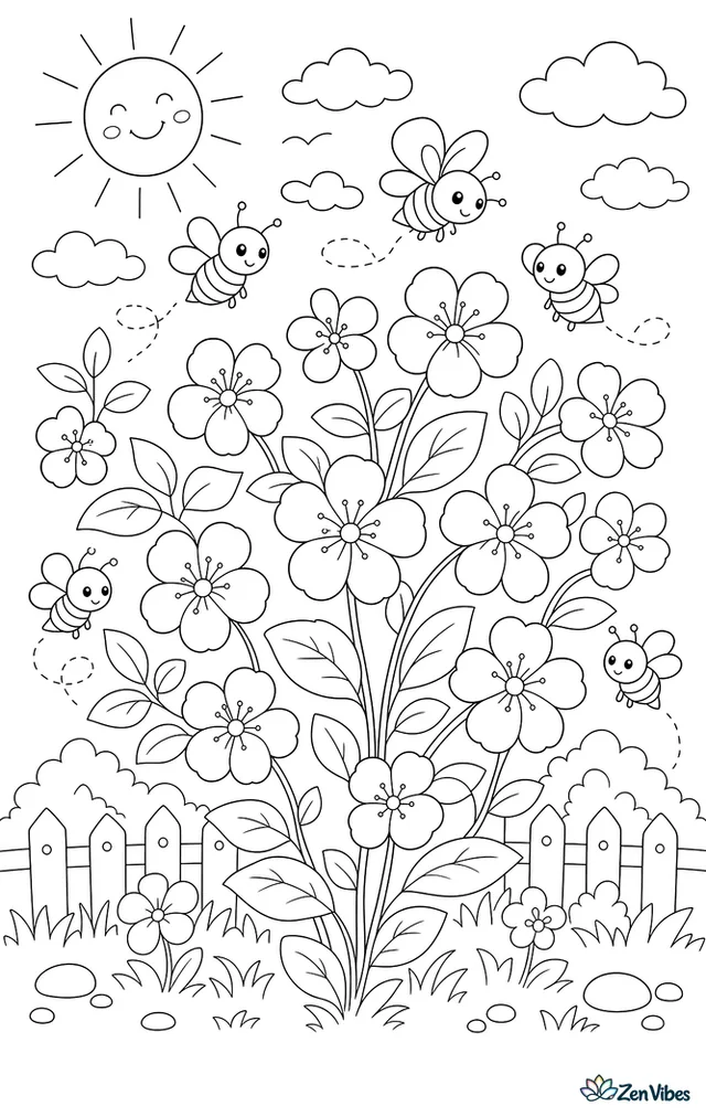 Small five-petal blossoms, leaves, and little bees scattered evenly across the whole page