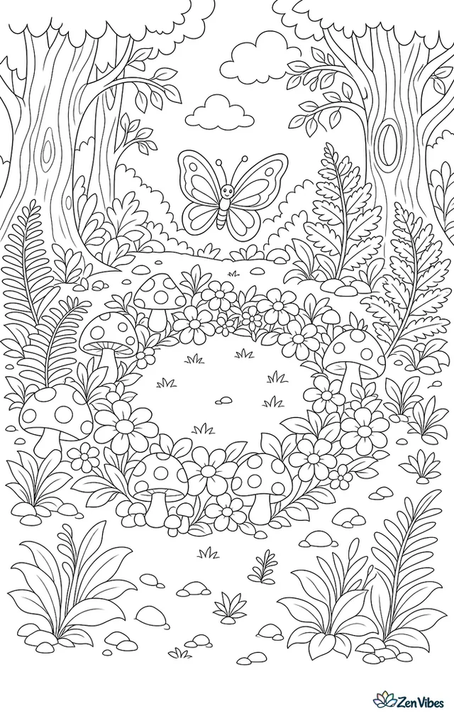 A circle of flowers and mushrooms in a forest clearing, with tree trunks, ferns, and a butterfly above the center