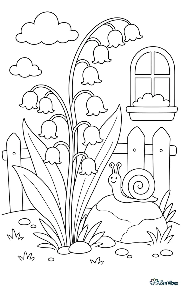 A cluster of bell-shaped flowers on arched stems growing beside a garden stone with a snail on it
