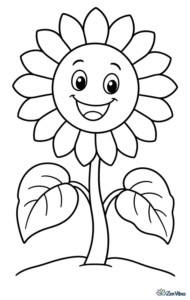A tall sunflower with a friendly face in its center and two big leaves
