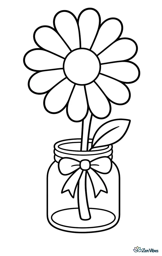 A single daisy standing in a small glass jar with a ribbon around the neck