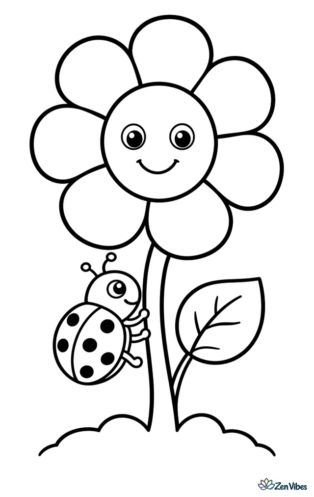 A flower with a ladybug crawling up its stem and a small leaf