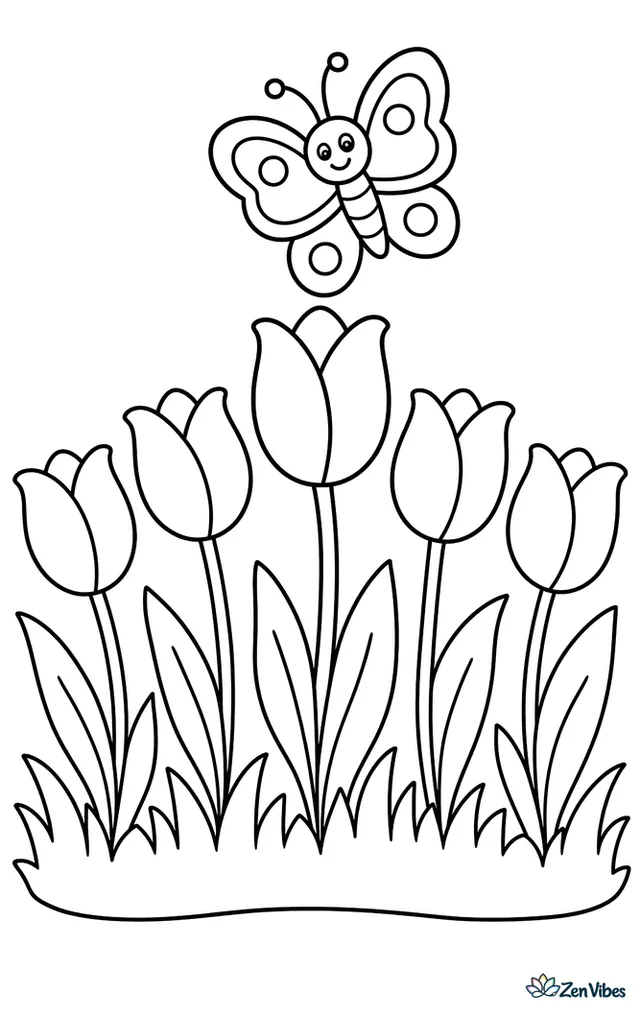 A row of tulips with a butterfly hovering above and grass below
