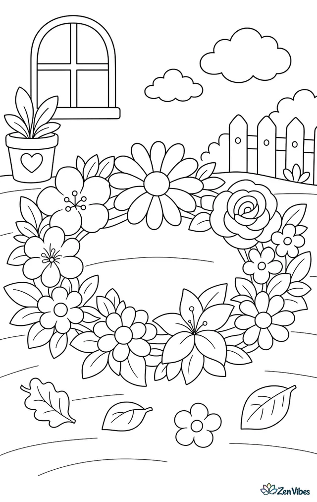 A circle of mixed flowers and leaves shaped like a crown