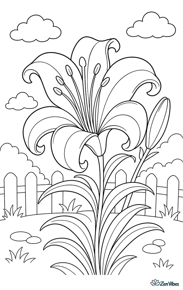 A large lily with curling petals and long stamens, one bud beside it