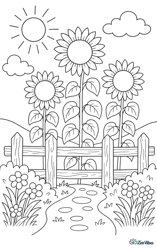 Tall sunflowers behind a wooden fence with a path and a sun in the sky