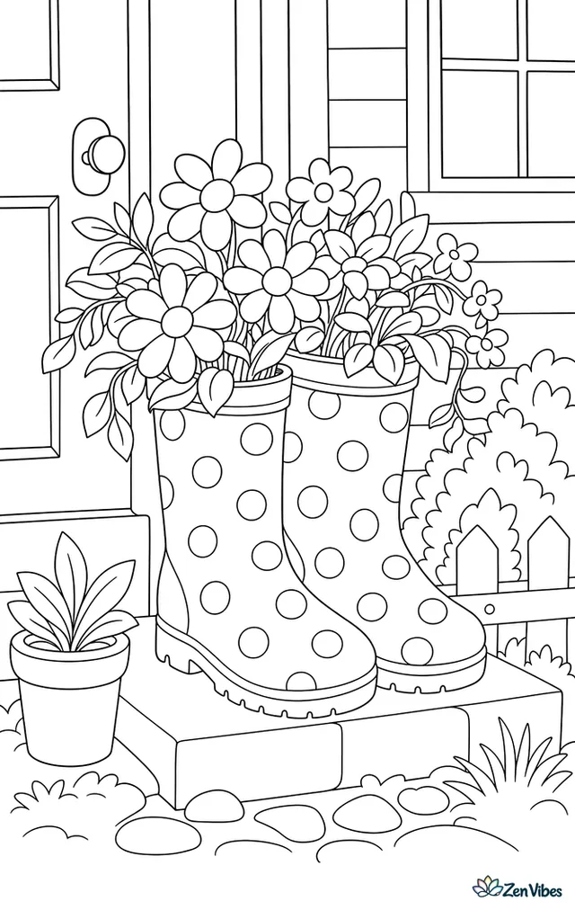 A pair of rain boots used as planters with flowers spilling out, sitting on a doorstep