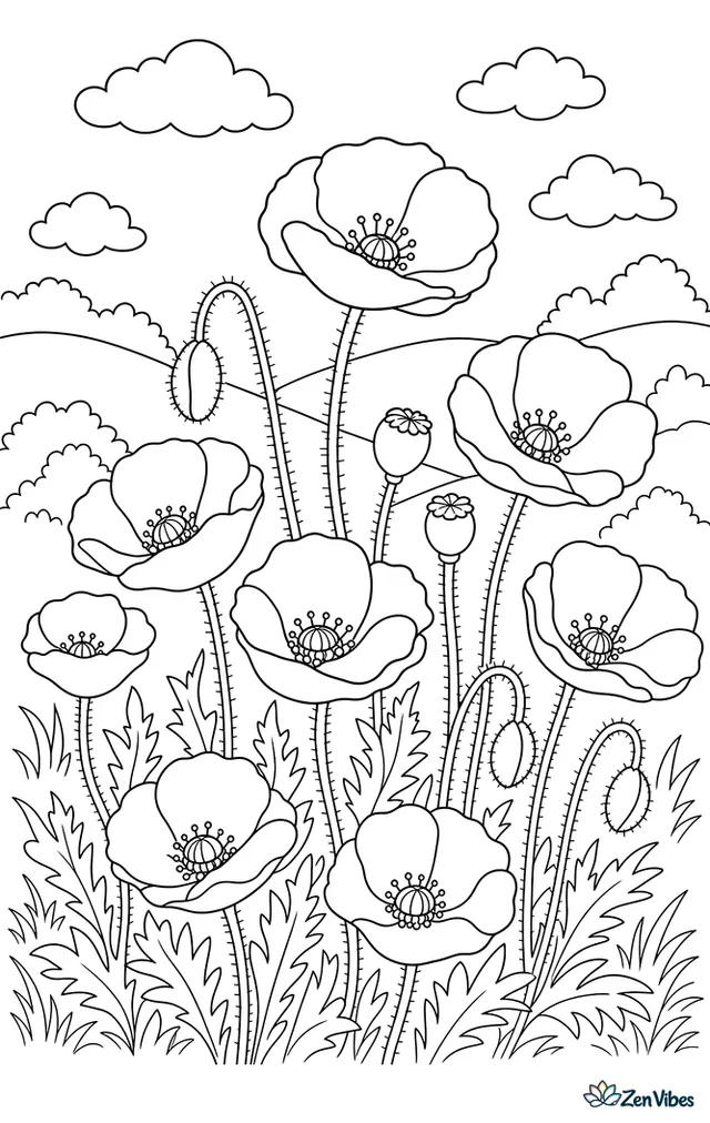 A meadow of poppies with round petals and hairy stems, hills in the distance