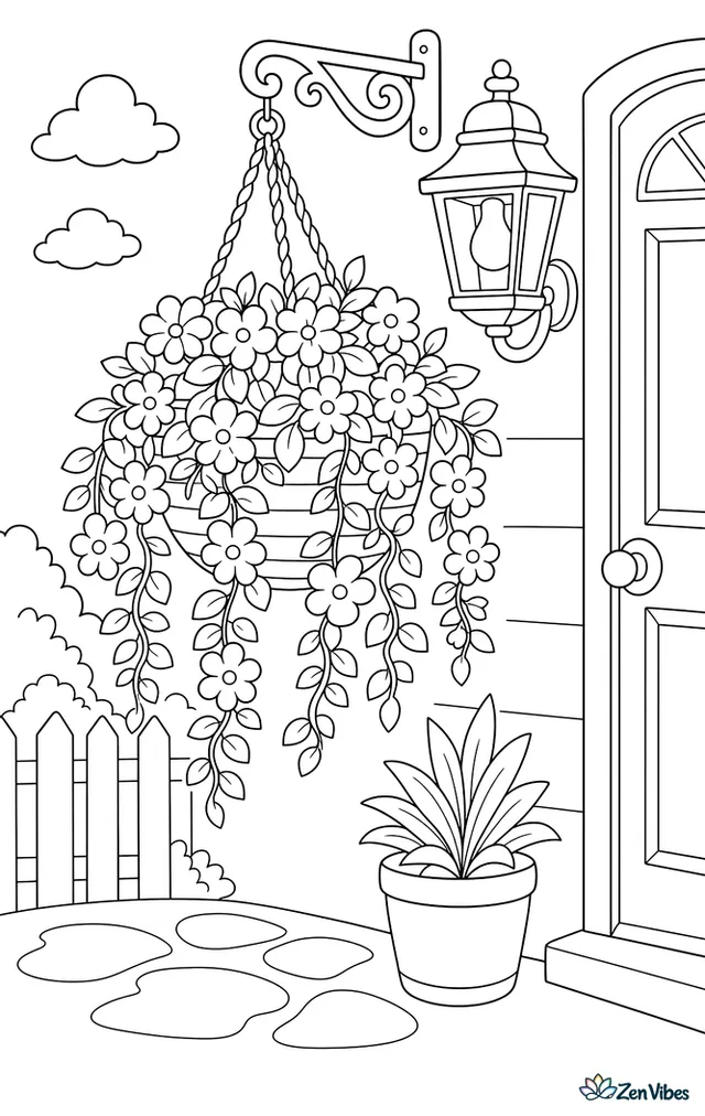 A hanging basket overflowing with trailing flowers next to a front door lantern