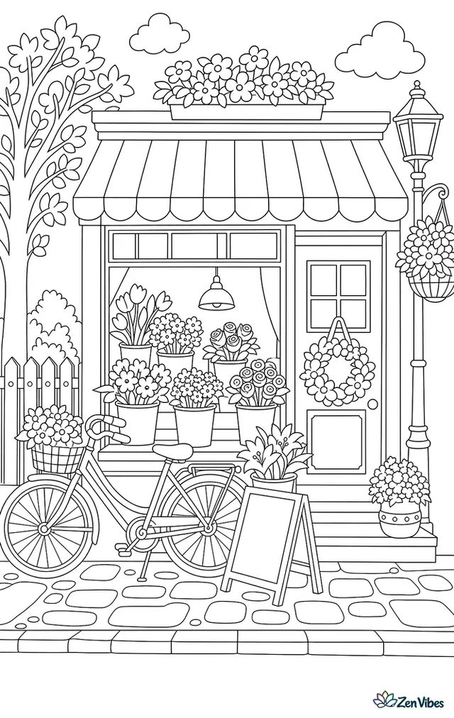 A shop window with buckets of flowers, a sign, and a bicycle parked outside