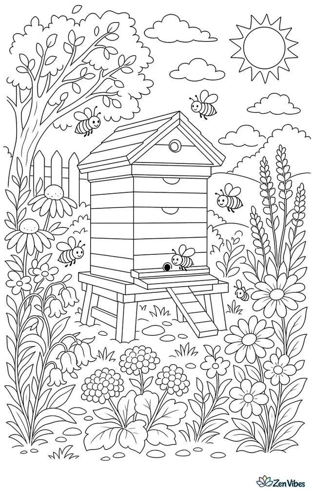A beehive on a stand surrounded by wildflowers with bees flying between them