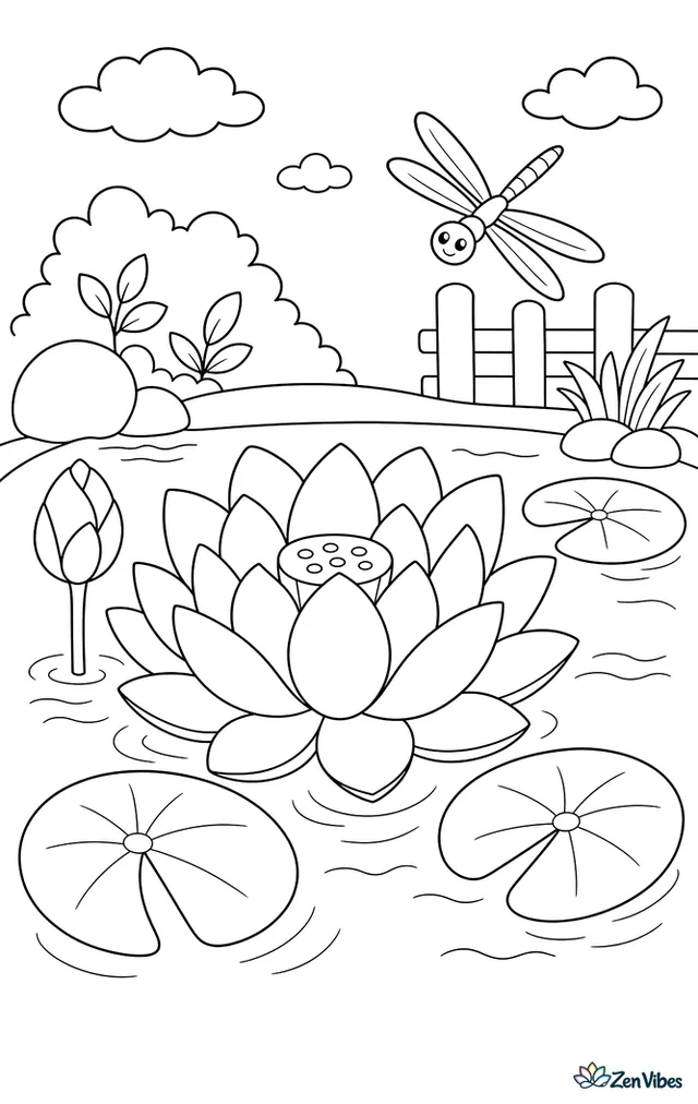 A lotus flower floating on a pond with round lily pads and a dragonfly