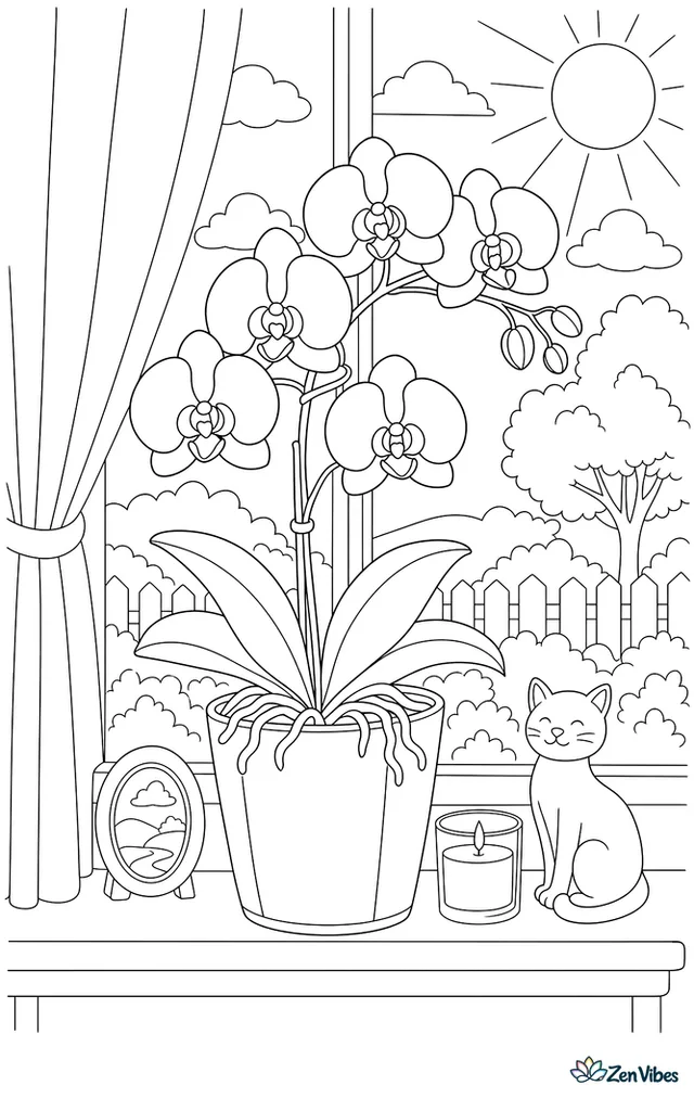 An orchid with a curved stem of blooms in a tall pot on a windowsill