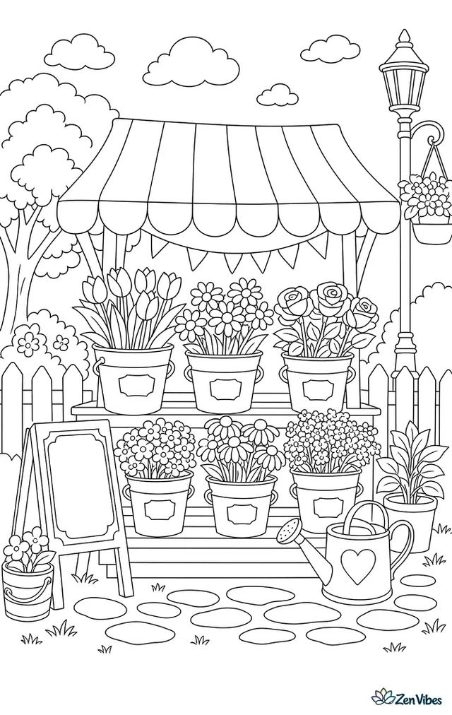 A market stall with buckets of different flowers, a chalk sign, and a striped awning