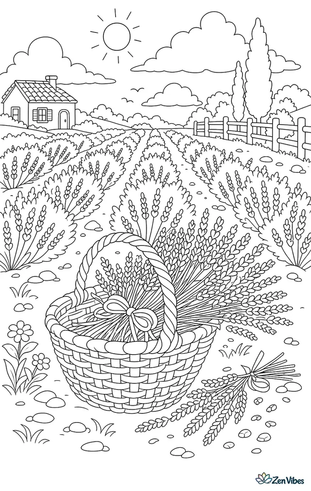 Rows of lavender bushes with a woven basket of cut stems in the foreground