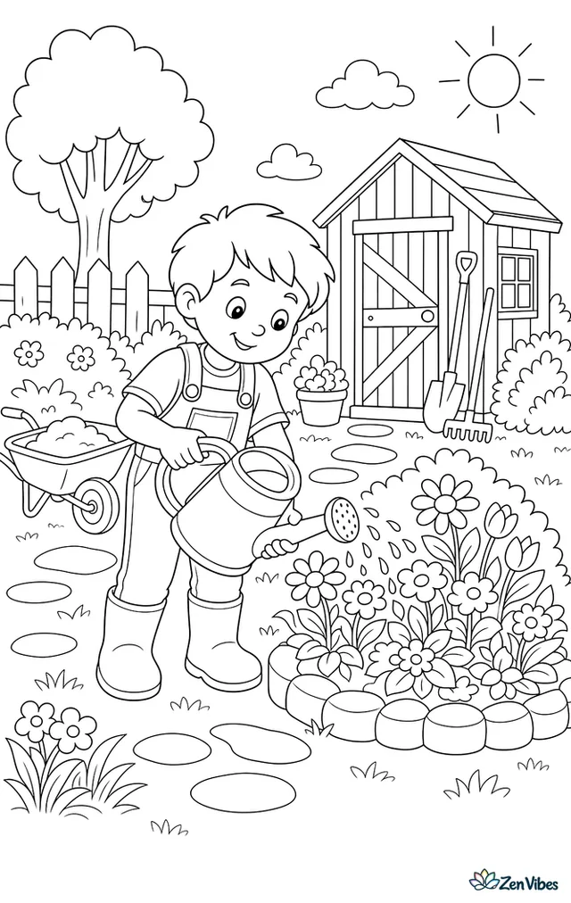 A child watering a flower bed with a watering can, a wheelbarrow and a shed behind