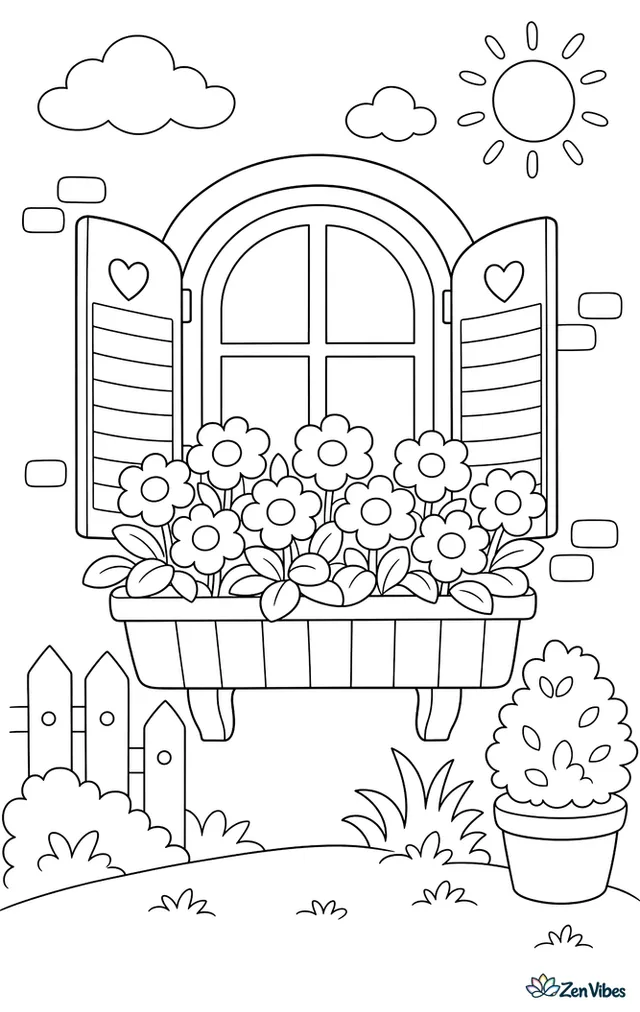 A window box full of round-headed flowers under an open shutter window