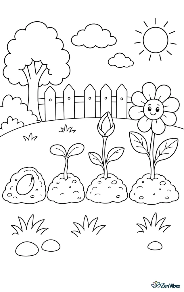Four stages side by side: a seed in soil, a sprout, a bud, and an open flower