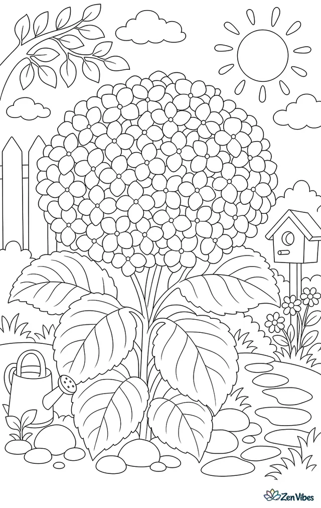 A large hydrangea head made of many small four-petal flowers with broad leaves