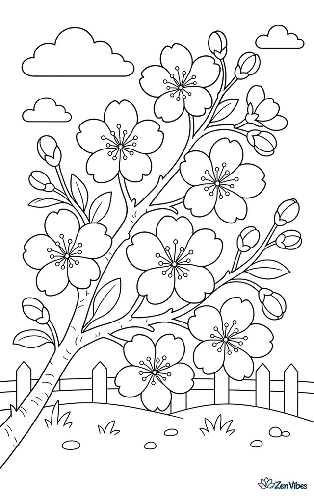 A branch of cherry blossoms with open flowers and buds against a plain sky