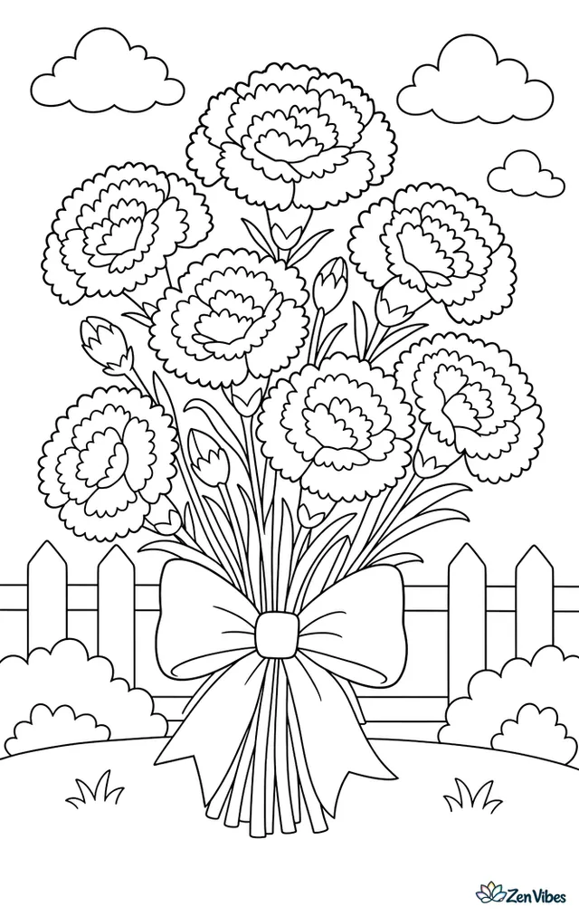 A bunch of frilly carnations tied with a wide ribbon