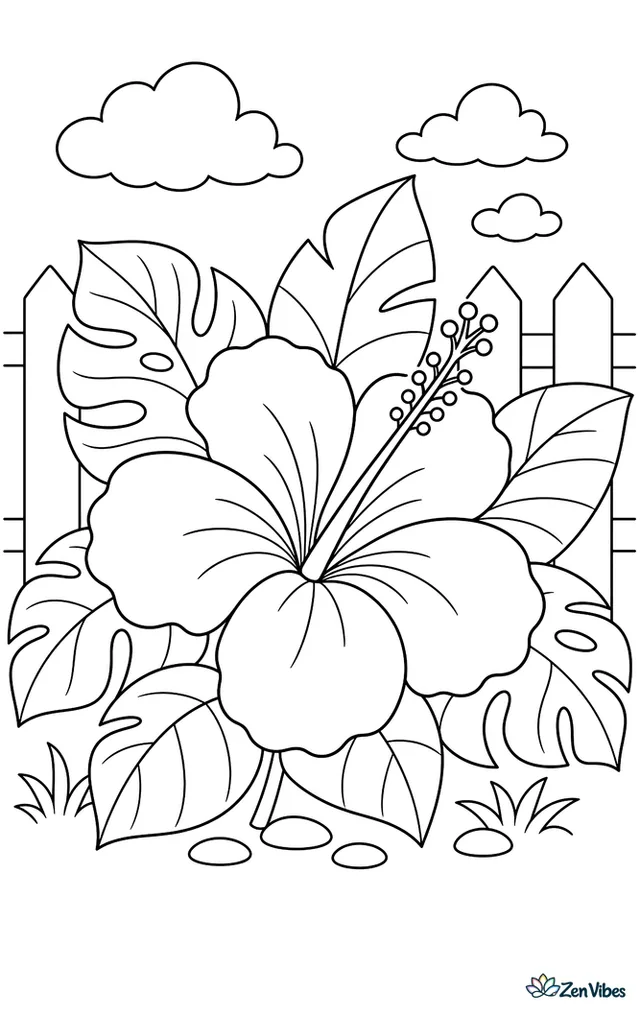 A large hibiscus flower with a long stamen among big tropical leaves