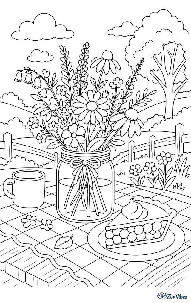 A jar of wildflowers on a picnic table with a checked cloth and a slice of pie