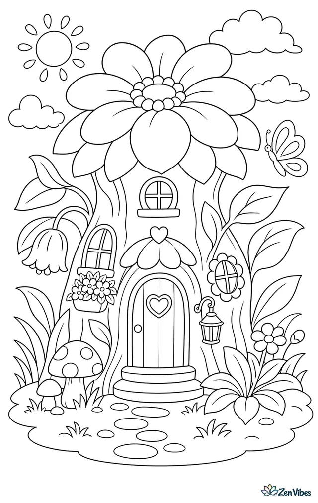A tiny house built into a giant flower with a door in the stem and petal roof