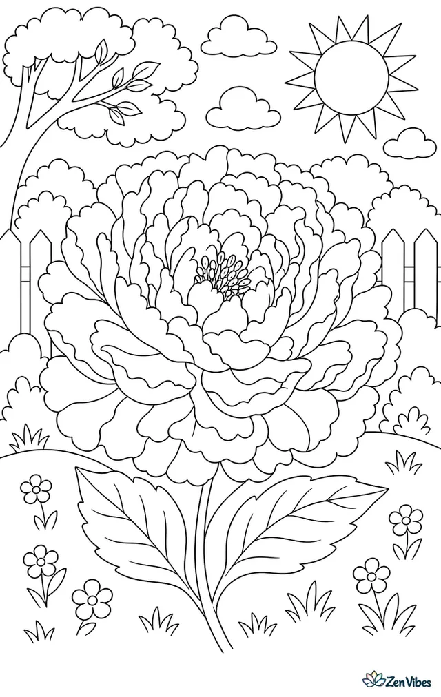 A peony with many layered ruffled petals and two leaves
