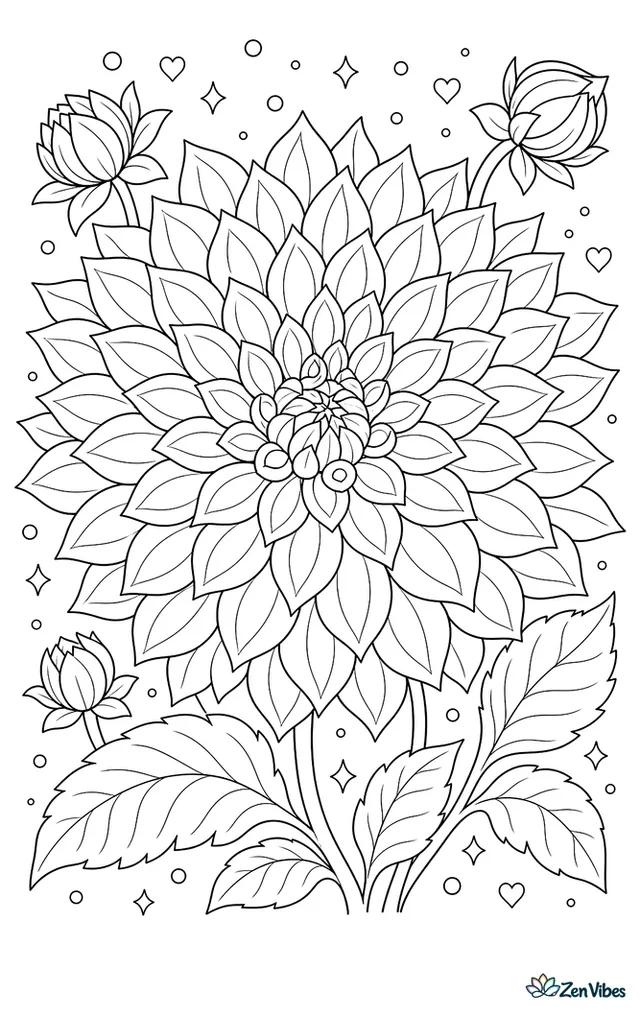 A dahlia with rows and rows of pointed petals filling most of the page