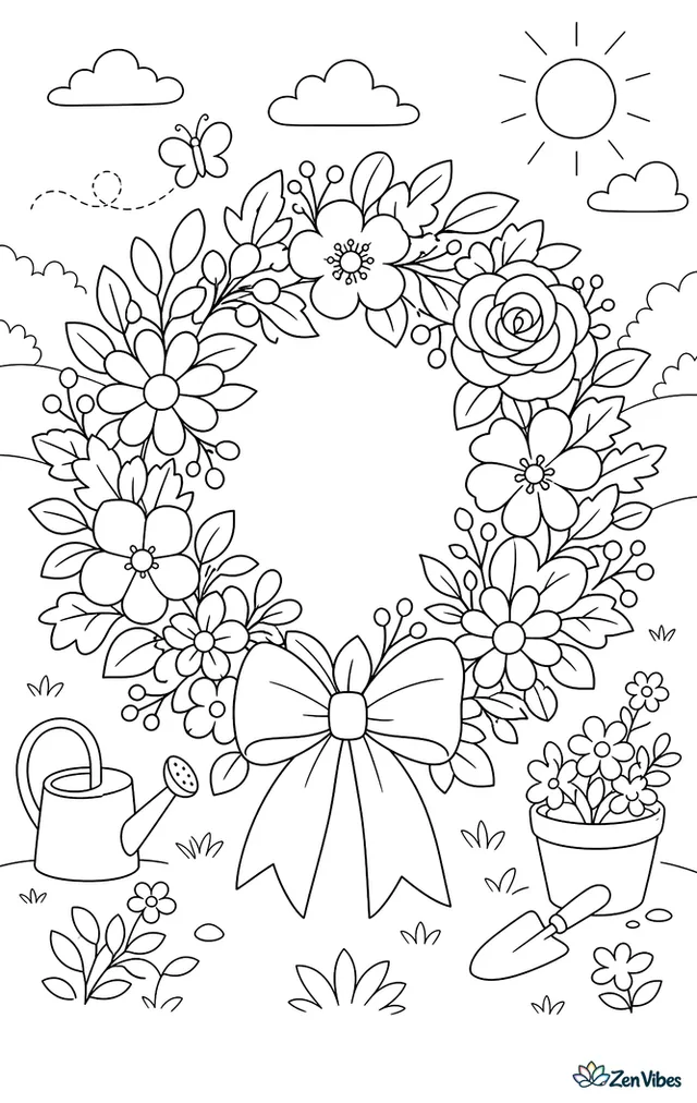 A round wreath of mixed flowers, leaves, and berries with a bow at the bottom