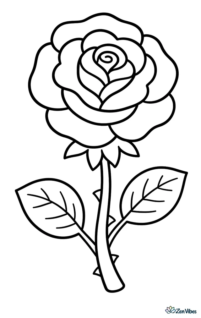 A rose with three rings of petals on a tall stem with two leaves