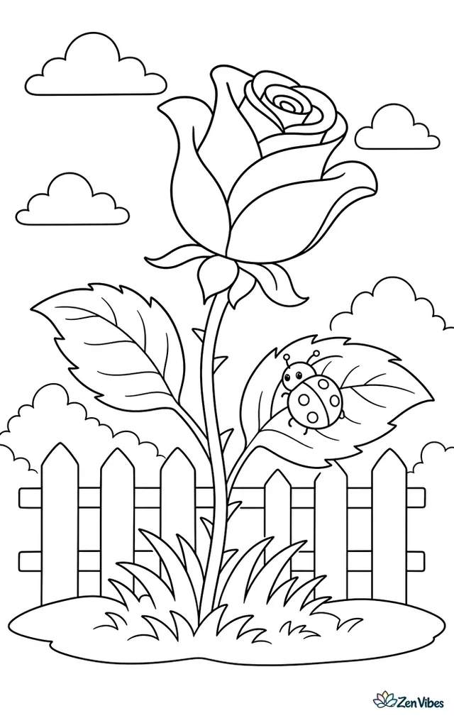 A rose seen from the side with two broad leaves, growing from a small patch of grass, with a ladybug on one leaf and a few clouds behind it