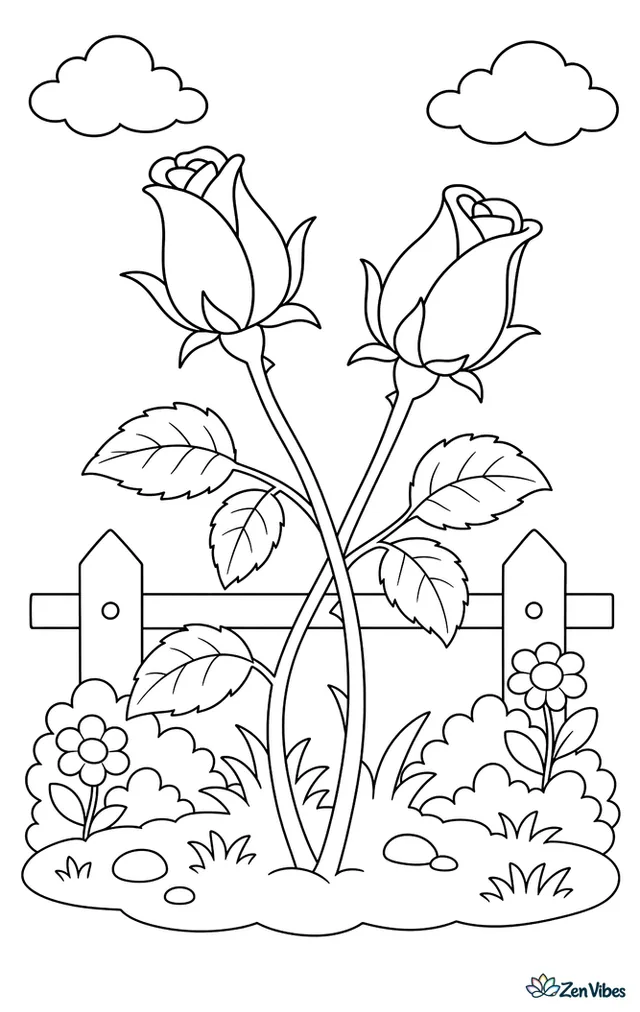 Two closed rosebuds on crossing stems with small leaves, growing in a garden bed with a low wooden fence behind them