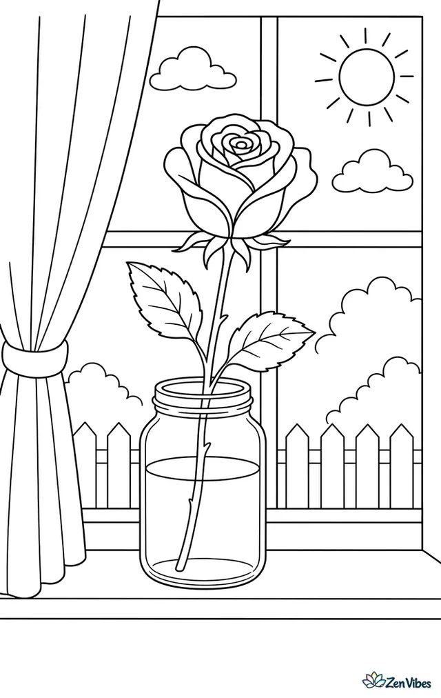 A single rose standing in a glass jar of water on a windowsill, with a curtain to one side and the sun outside the window