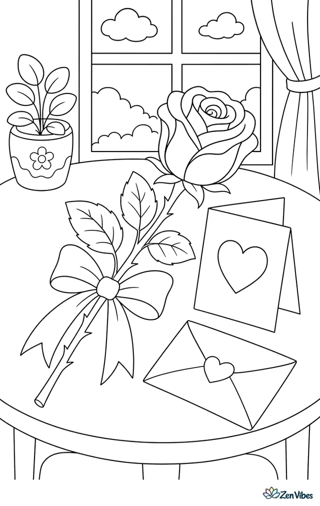 A rose on a long stem tied with a bow, lying on a table next to a folded card and a small envelope