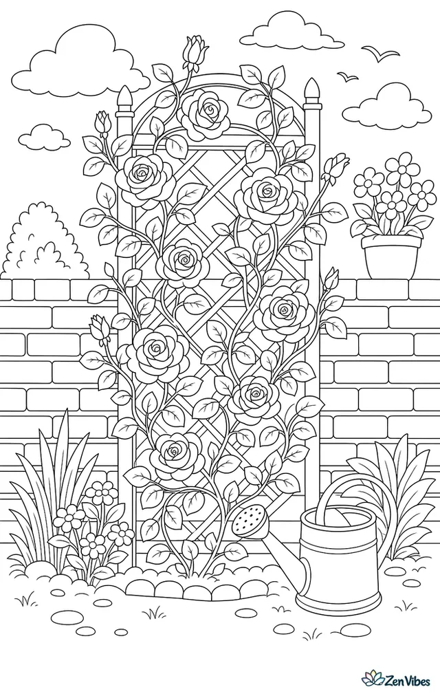 A winding rose vine with many blooms and leaves climbing a garden trellis against a brick wall, with a watering can on the ground