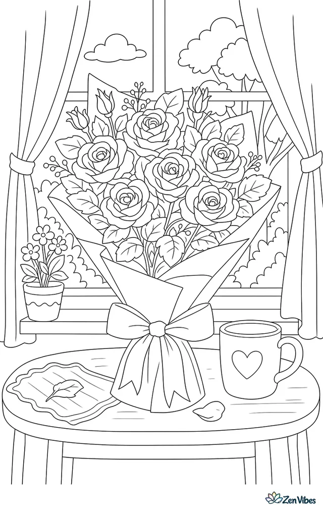 A bouquet of roses in a cone of wrapping paper tied with a ribbon, standing on a kitchen table with a mug beside it and a window showing trees behind