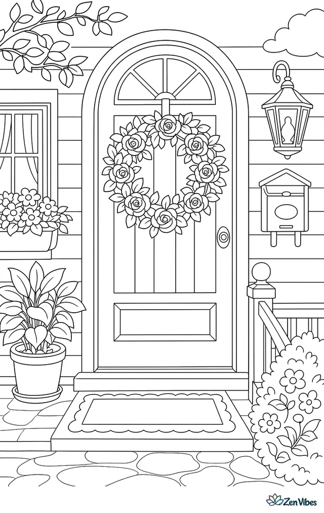 A circular wreath of roses and leaves hanging on a wooden front door, with a doormat and a potted plant beside the door