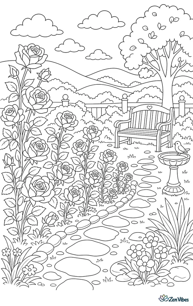 A row of rose bushes of different heights along a garden path, with a bench, a birdbath, and rolling hills and clouds in the distance