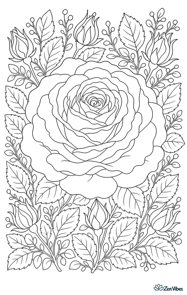 A single rose filling the page with many layered petals, framed by a border of leaves and small buds