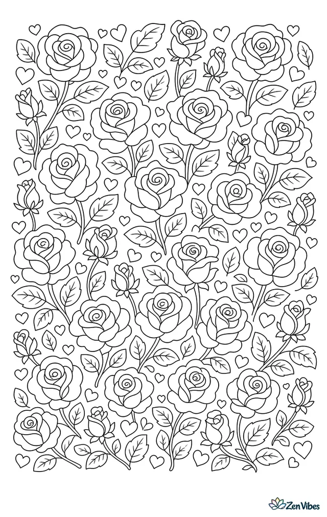 A repeating pattern of roses, leaves, and tiny hearts covering the whole page