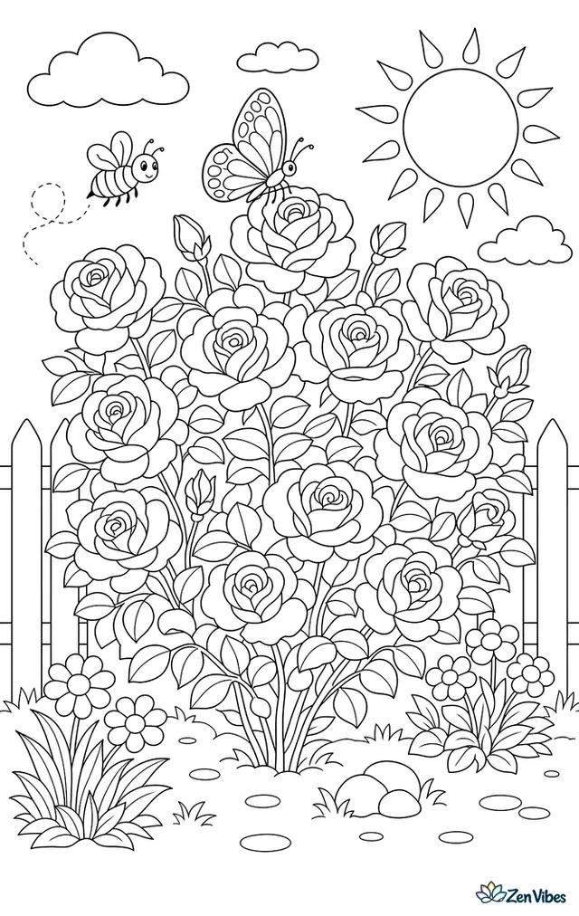 A rounded rose bush with many blooms, a butterfly landing on the top rose, a bee flying nearby, and a picket fence and sun behind it