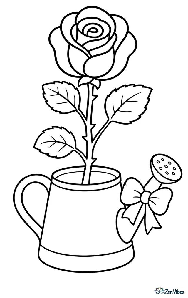 A rose stem standing in a small watering can with a bow on the spout
