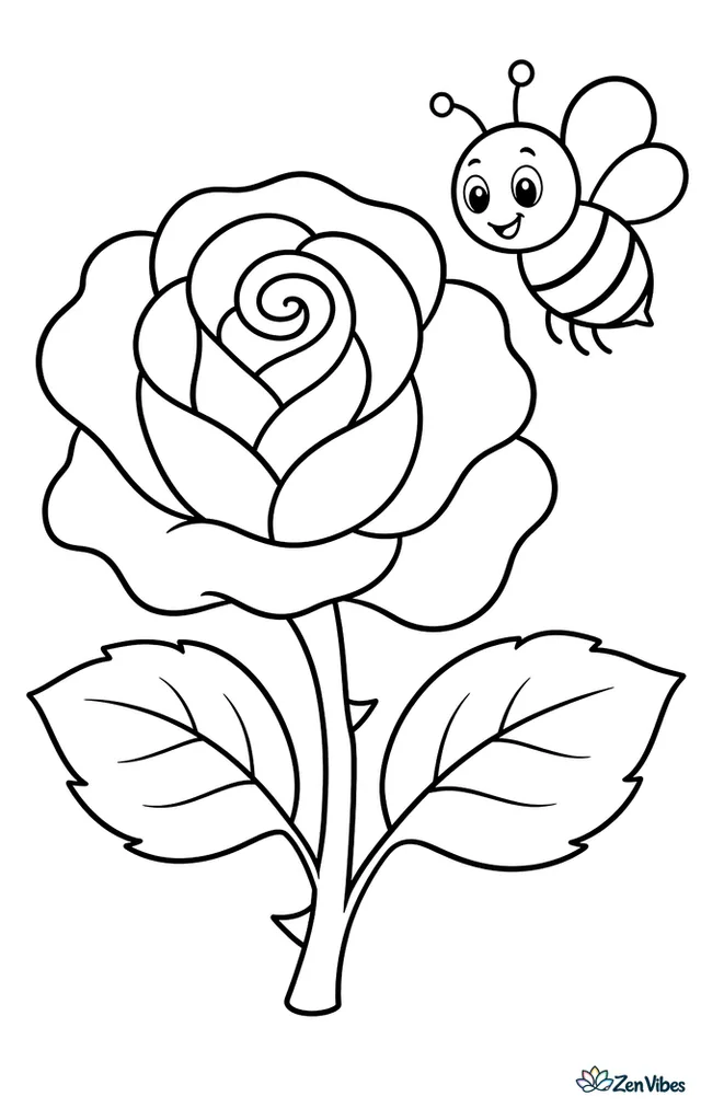 A rose with a friendly bee hovering beside it and two leaves