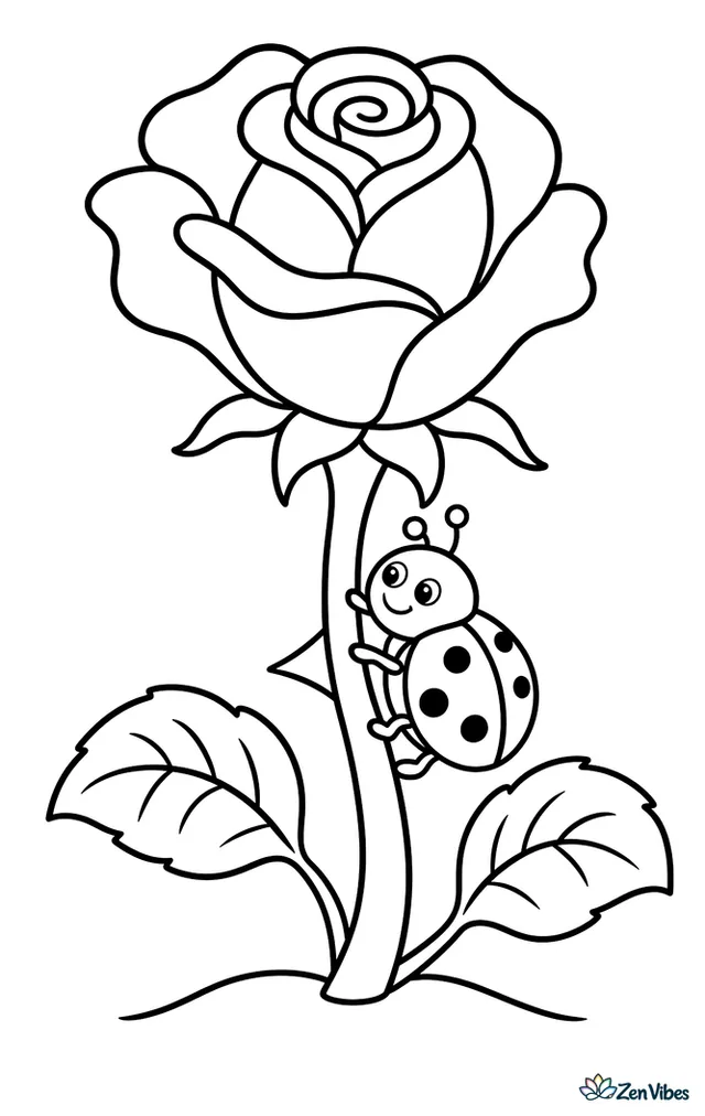 A rose with a ladybug climbing up its stem past a thorn