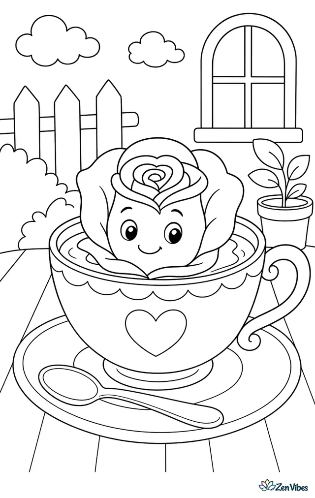 A rose head floating in a teacup on a saucer with a spoon