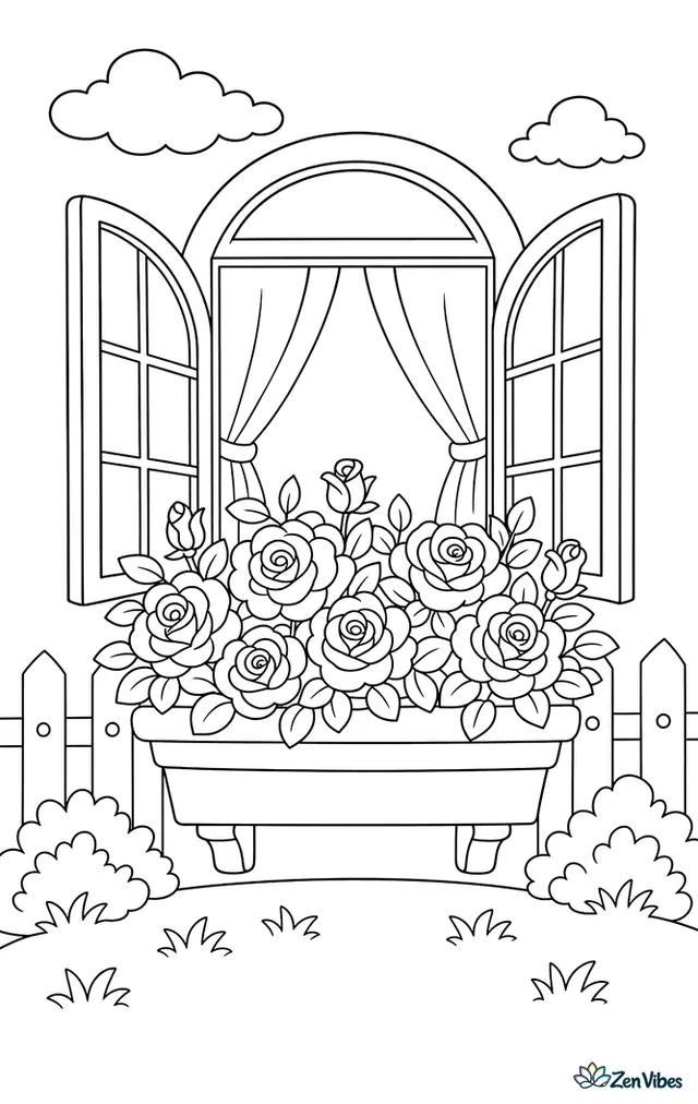 A window box full of roses under an open window with curtains